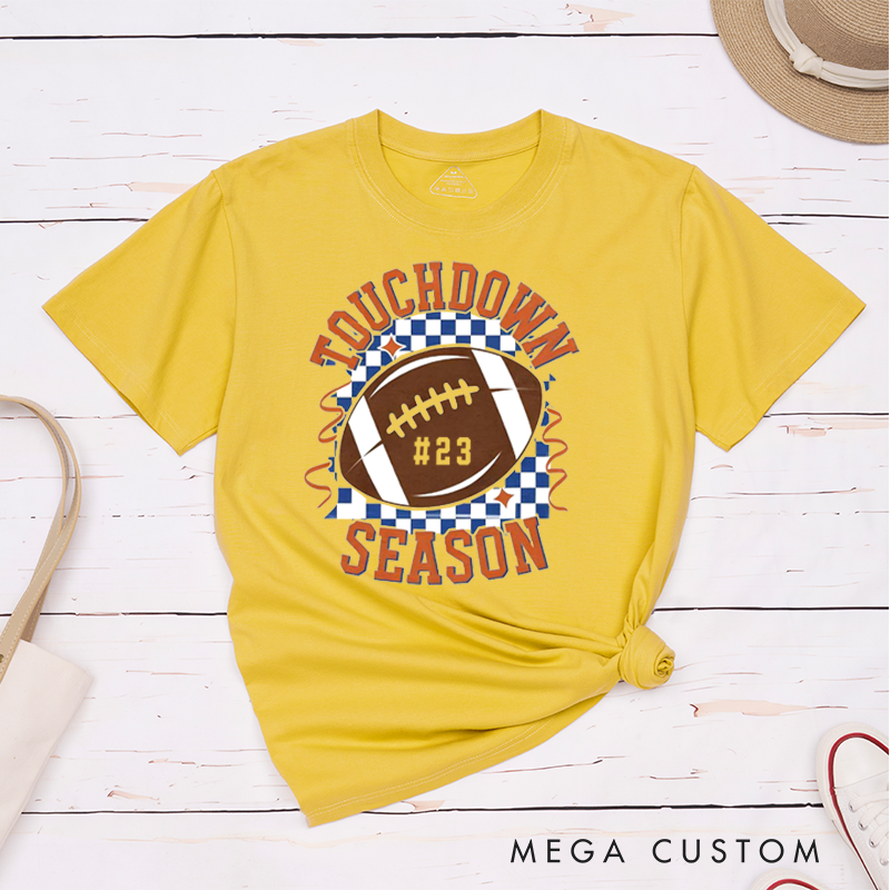 Personalized American Football and Rugby Touchdown Season T-Shirts Featuring Custom Number
