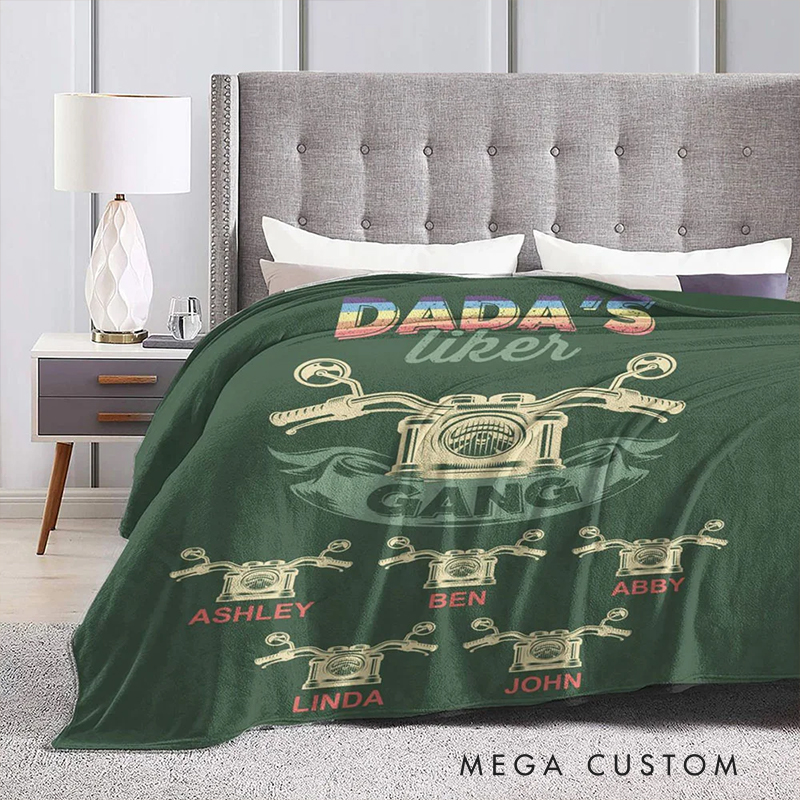 Personalized Biker Gifts Custom Motorcycle Gang Fleece Blanket with Kids Names Fathers Day Gift for Dad Family Motorcycle Lovers