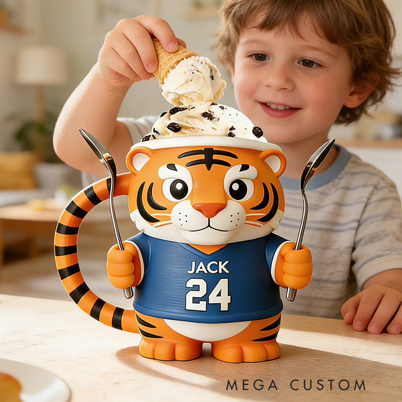 Personalized Tiger Baseball Mascot Ice Cream Pint Holder 3D Printed with Spoon Slots & Snack Drawer Custom Detail for Kids and Baseball Enthusiasts