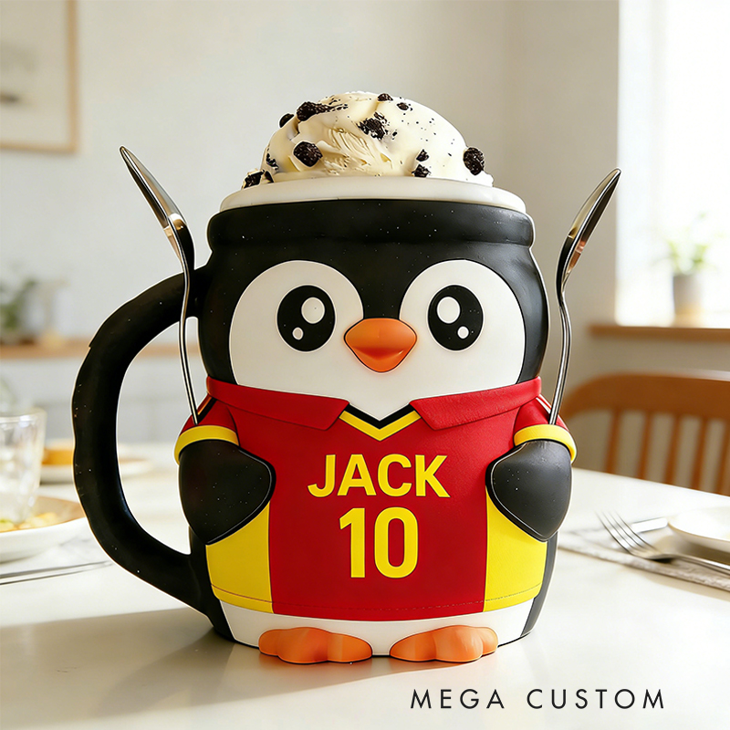 Personalized Soccer World Cup Penguin Ice Cream Pint Holder 3D Printed with Spoon Slots & Snack Drawer with Custom Details for Soccer Fans