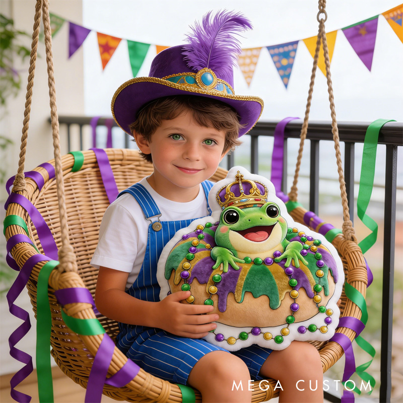 Personalized Mardi Gras Donut Frog Crown Throw Pillow Graphic 3D King Cake Animal Pillow with Name for Kids Baking Lover Mardi Gras Gift