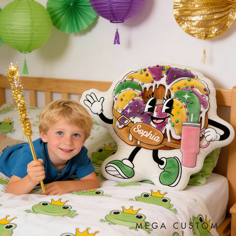 Personalized King Cake Mardi Gras Throw Pillow Graphic 3D Print Donut with Tumbler Pillow with Name for Kids Book Lover Mardi Gras Gift