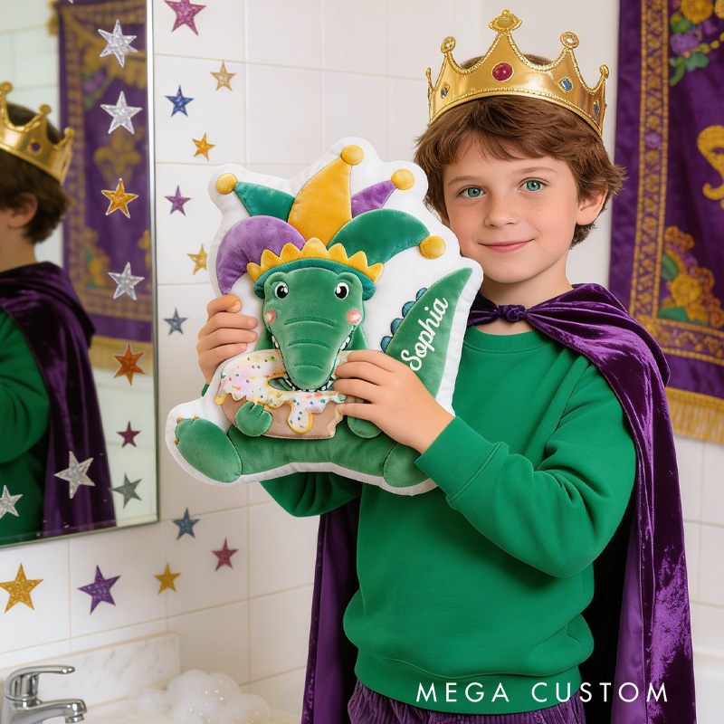 Personalized Mardi Gras Alligator Throw Pillow Graphic 3D Print Donut Pillow with Name for Boyfriend Girlfriend Baking Lover Mardi Gras Gift