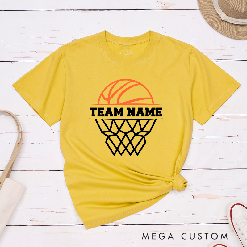 Personalized Basketball Team T-Shirt Design Featuring Custom Team Name Bold Text Dynamic Orange Basketball Graphic and Stylized Hoop Illustration