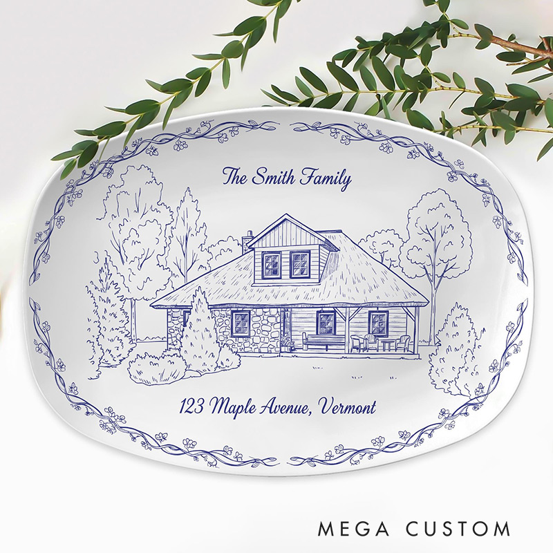 Personalized House Photo Platter Custom Chinoiserie Style Decor Plate New Home Gift Family Gift Housewarimg Gift 