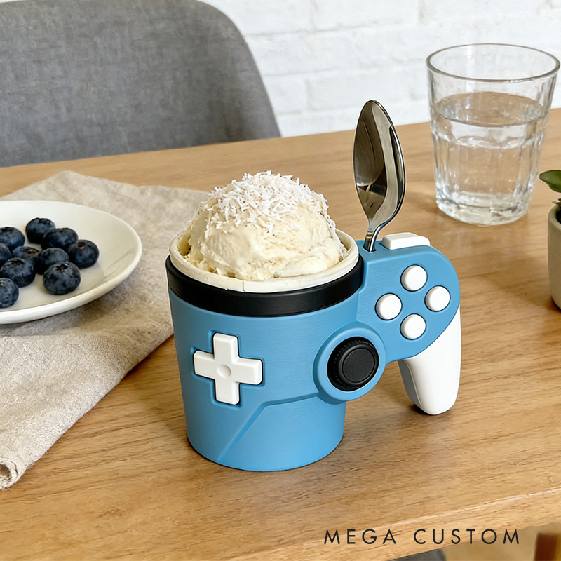 Personalized Couple Morden Controller Gamer Ice Cream Pint Holder with Spoon Slots Eco-Friendly 3D Print for Game Lovers