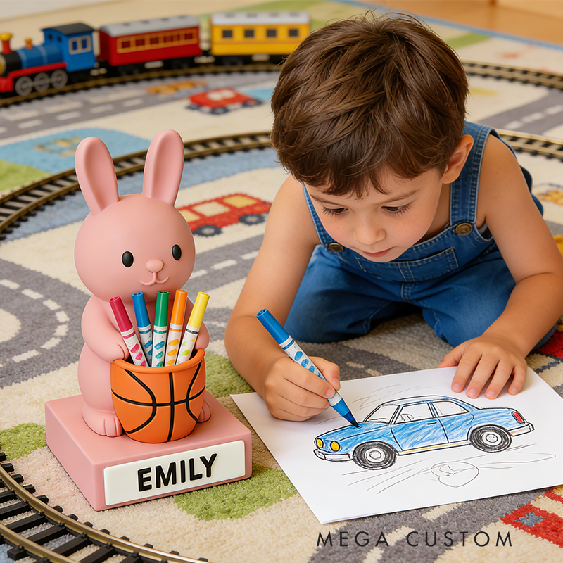 Personalized Basketball Bunny 3D Printed Pen Holder with Custom Name for Kids and Students