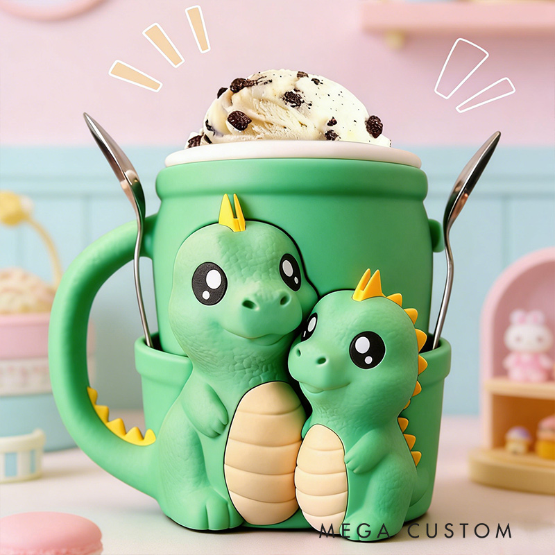 Personalized Adorable Dinosaur Ice Cream Cozy Pint Holder 3D Printed with Spoon Slots & Snack Drawer for Mom Kids Ice Cream Lover