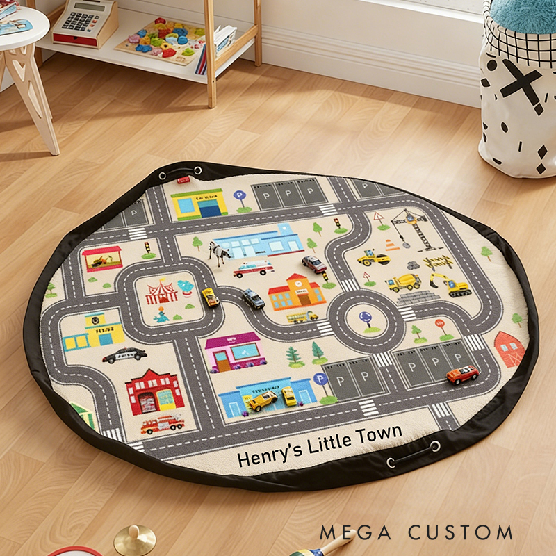 Personalized Car Themed Play Mat & Toy Storage Bag Custom Name 2-in-1 Activity Blanket for Kids