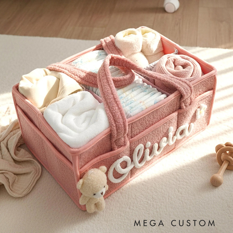 Personalized Plush Baby Storage Basket Soft Bin Side Pockets Custom Nursery Organizer with Bear