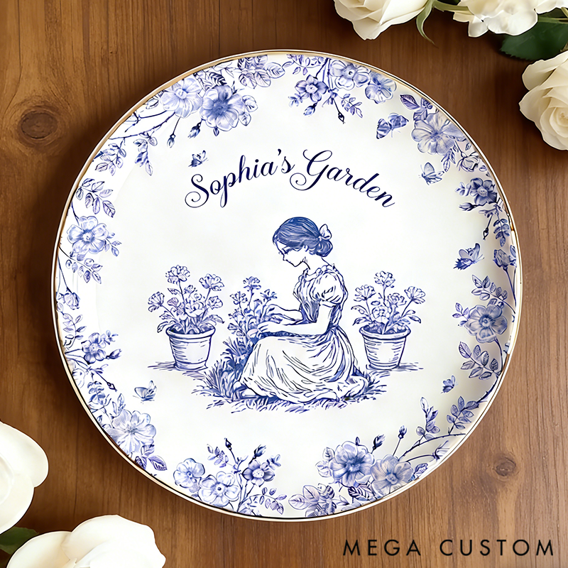 Personalized Garden Lover Kneeling Gardener Silhouette Chinoiserie Toile De Jouy Style Round Ring Dishes