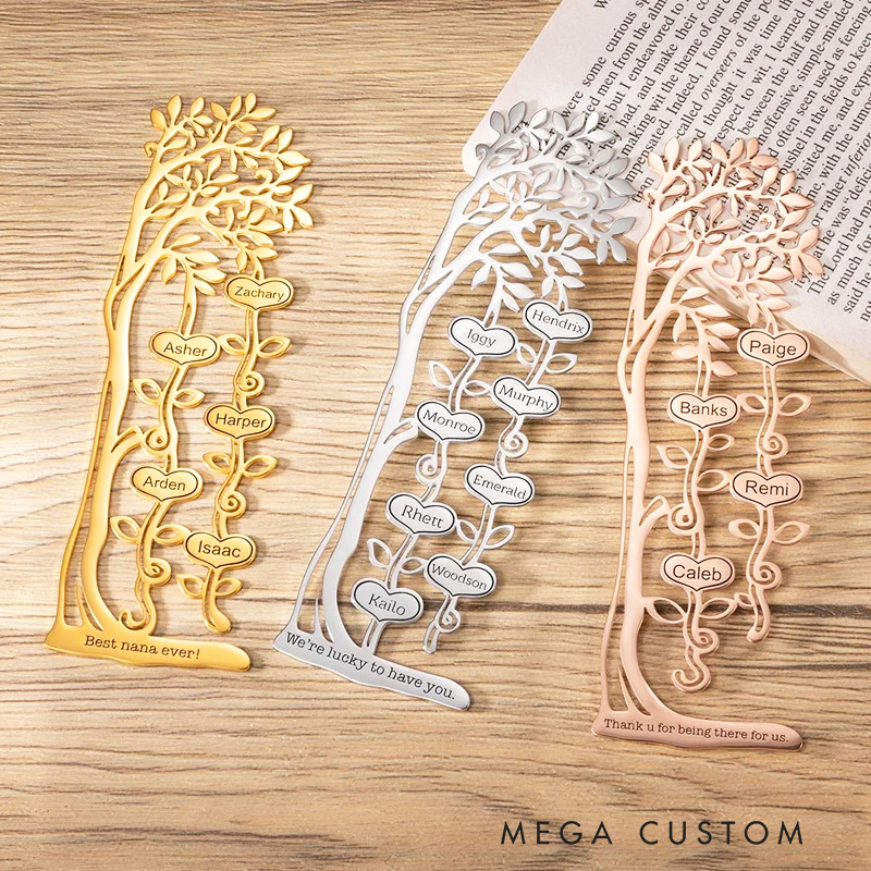 Personalized Family Tree Bookmark with 1-10 Names and Text Birthday Gift for Book Lover Reader Bookworm Bookish