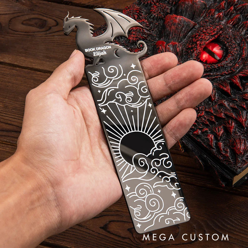 Personalized Book Dragon Sun Cloud Pattern Bookmark with Name and Text Birthday Gift for Book Lover Reader Bookworm Bookish