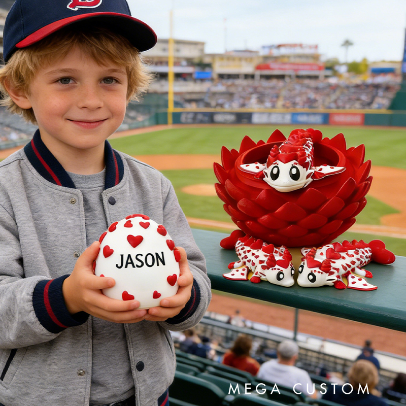 Personalized 3D Printed Baseball Heart Dragon and Egg Toy Set with Custom Name for Kids and Fans 