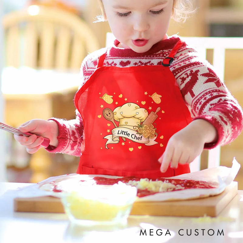 Personalized Little Chef Adjustable Kid Apron Chef Hat Set with Name and Pocket Cooking Accessory Birthday Valentine's Day Gift for Boys Girls