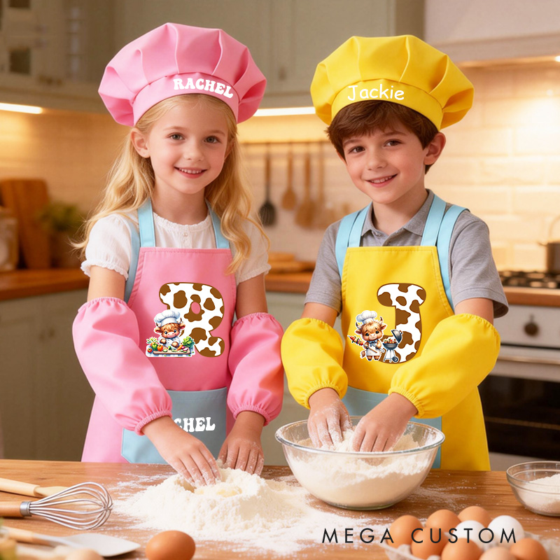Personalized Highland Cow Kid Baking Apron with Name Initial Set of 3 Waterproof Apron with Hat Sleeve Birthday Gift for Kids