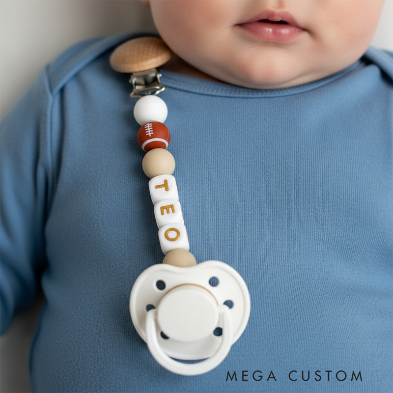 Personalized Football Pacifier Clip Add Newborn Baby Boy or Girl Name Custom Baby Shower New Football Mom Gift