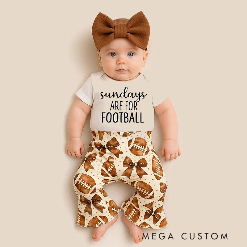 Football-Themed Baby Outfit Set Bell Bottoms Bodysuit & Bow for Game Day Style