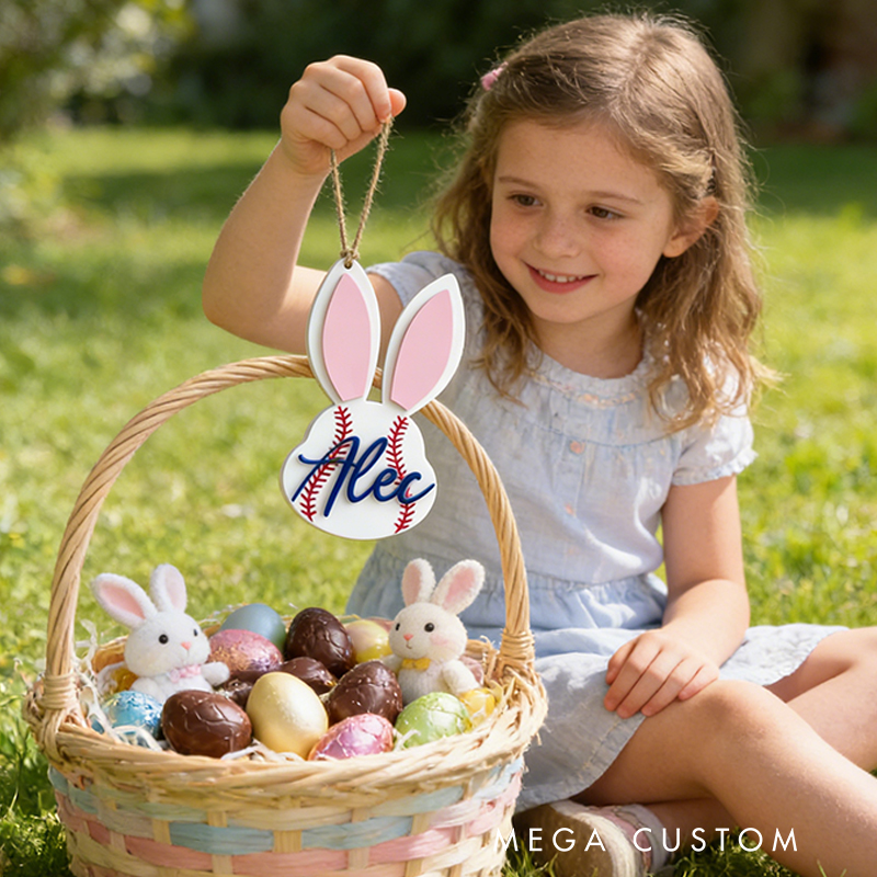 Personalized Baseball Easter Basket Tag Custom Name Bunny Label Gift for Kids on Easter Day