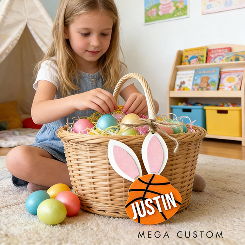 Personalized Basketball Easter Basket Tag Custom Name Bunny Label Gift for Kids on Easter Day