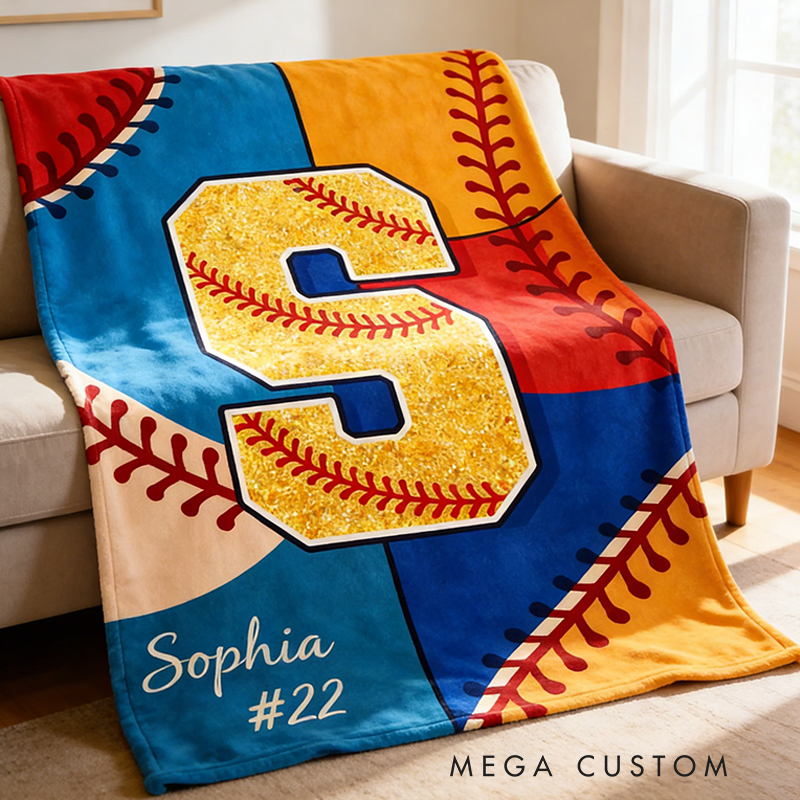 Personalized Glitter Softball Blanket with Name and Number for Baseball Girls