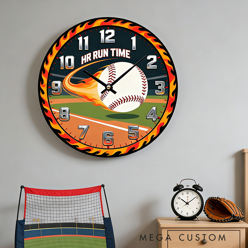 Personalized Home Run Time Clock with Fiery Baseball Design for Baseball Enthusiasts