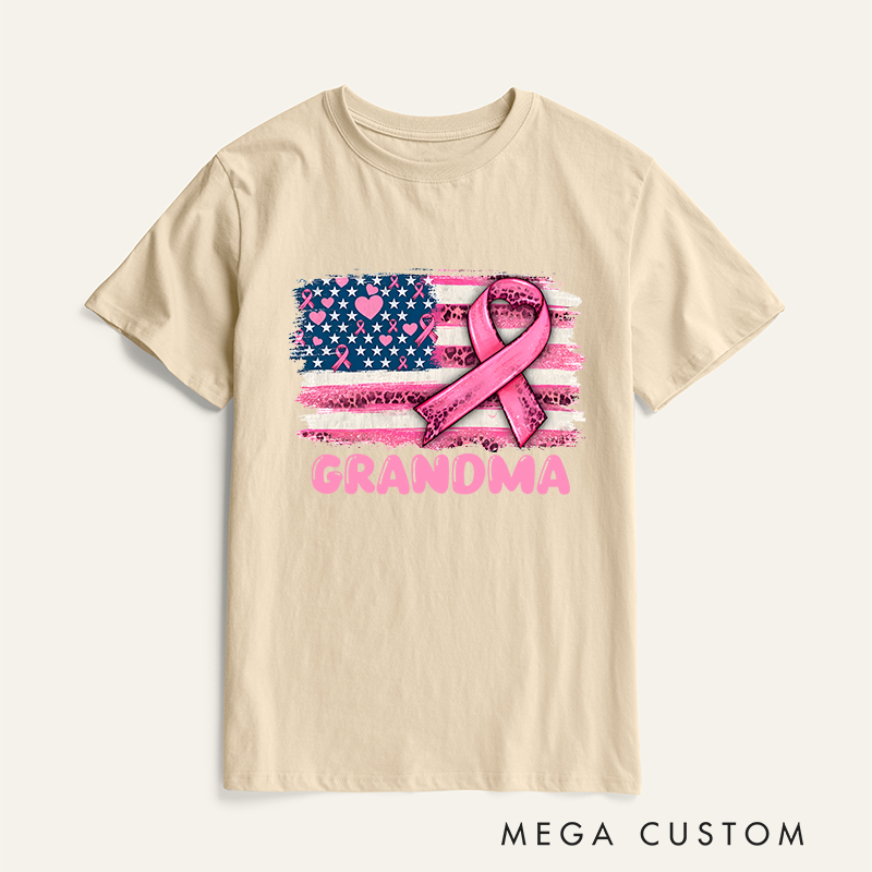 Personalized Pink Ribbon American Flag Breast Cancer T-Shirt Cancer Survivor Gift