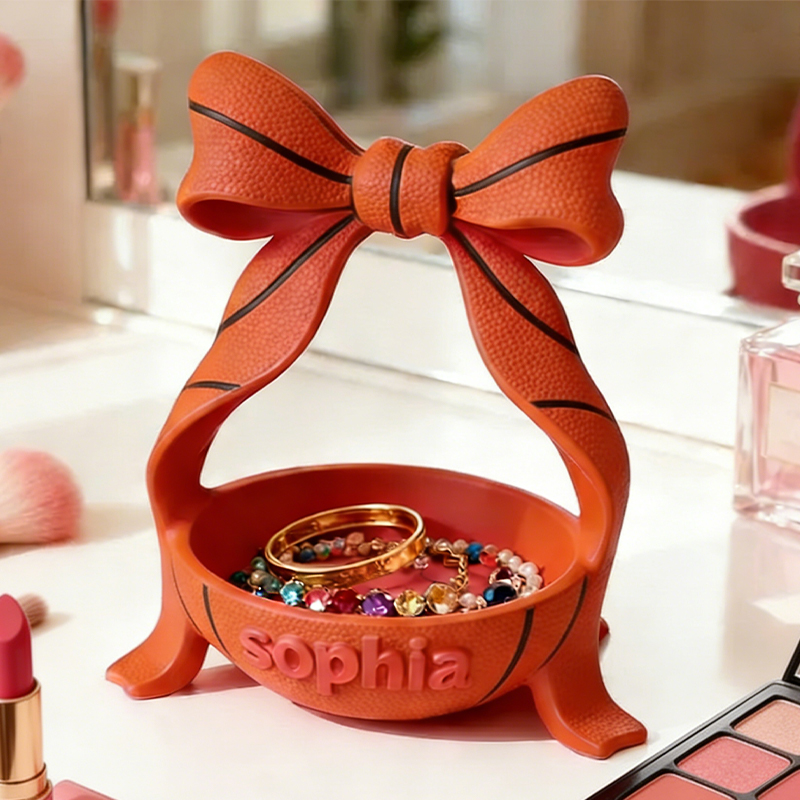 Personalized Bow Basketball Jewelry Holder with Custom Name and Bow Design for Girls and Teens 