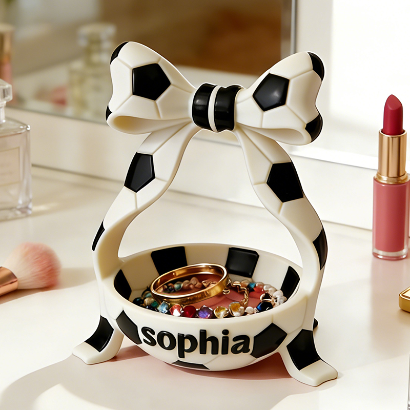 Personalized Soccer Jewelry Holder with Custom Name and Bow Design for Soccer Fans Girls 