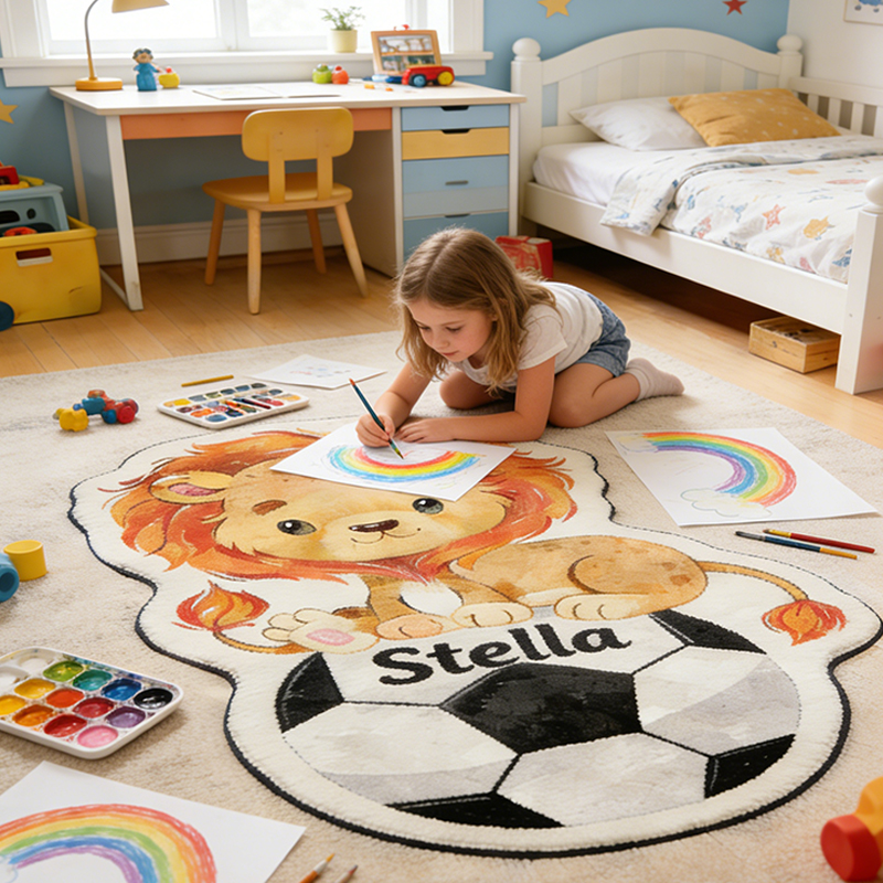 Personalized Lion and Soccer Ball Rug with Custom Name for Kids’ Rooms