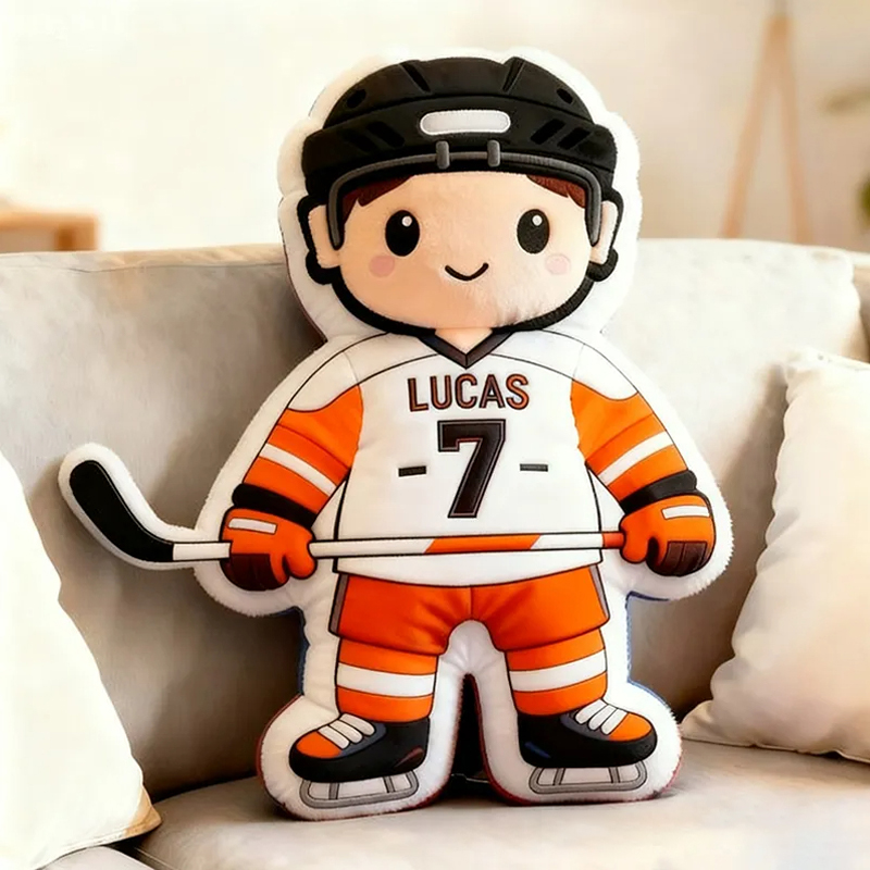 Personalized Cute Ice Hockey Themed Pillow with Custom Name and Jersey Number for Kids and Fans 