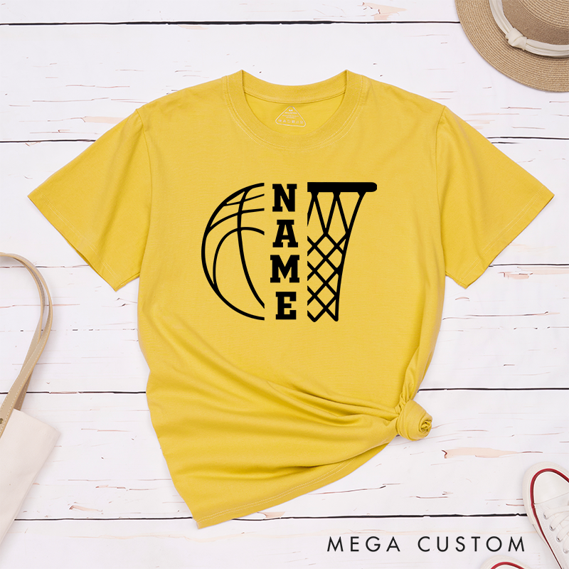 Personalized Basketball T-Shirt Design Featuring Basketball and Hoop Graphic with Vertical Customizable Name