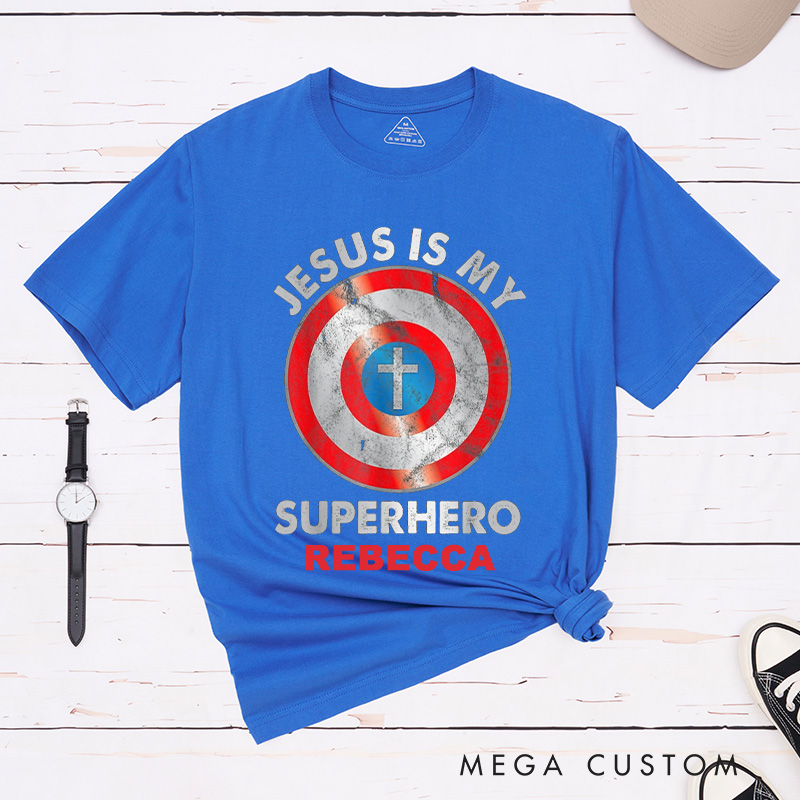 Personalized Jesus is My Superhero Cotton T-Shirt with Name Christian Unisex Classic T-Shirt Pastor Appreciation Gift Religious Gift for Jesus Lover