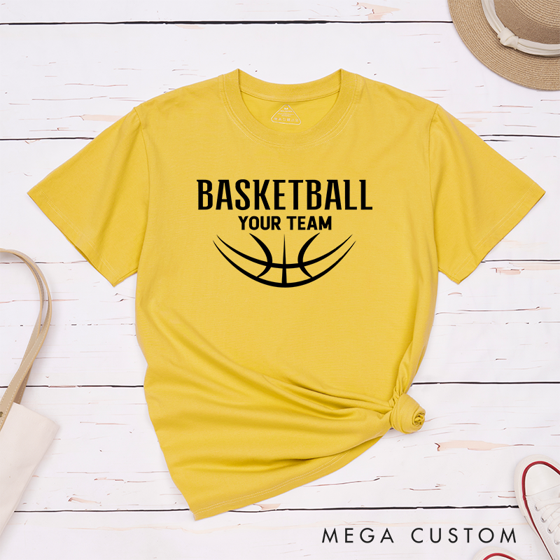Personalized Basketball T-Shirt Design Showcasing Custom Team Name Bold Basketball Text Dynamic Half Basketball Graphic and Sleek Modern Layout