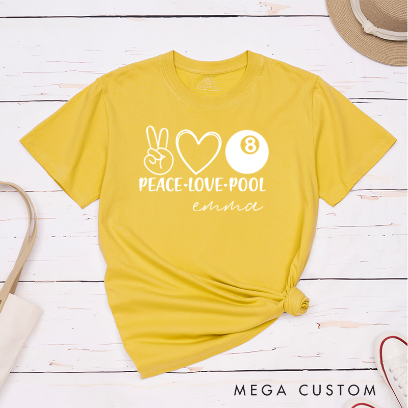 Personalized Peace Love Pool T-Shirts with Custom Your Name on the back - 8-ball Pool Team Shirt