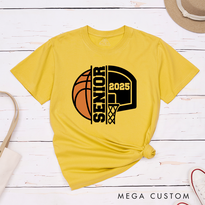 Personalized Basketball Graduation T-Shirt Design Featuring Custom Graduation Year Bold Vertical Text Dynamic Basketball and Hoop Graphics in a Classic School Spirit Style