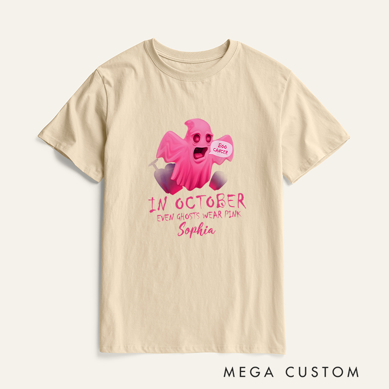 Personalized Breast Cancer Awareness T-Shirt in October Even Ghosts Wear Pink Cancer Support Gift Halloween Gift