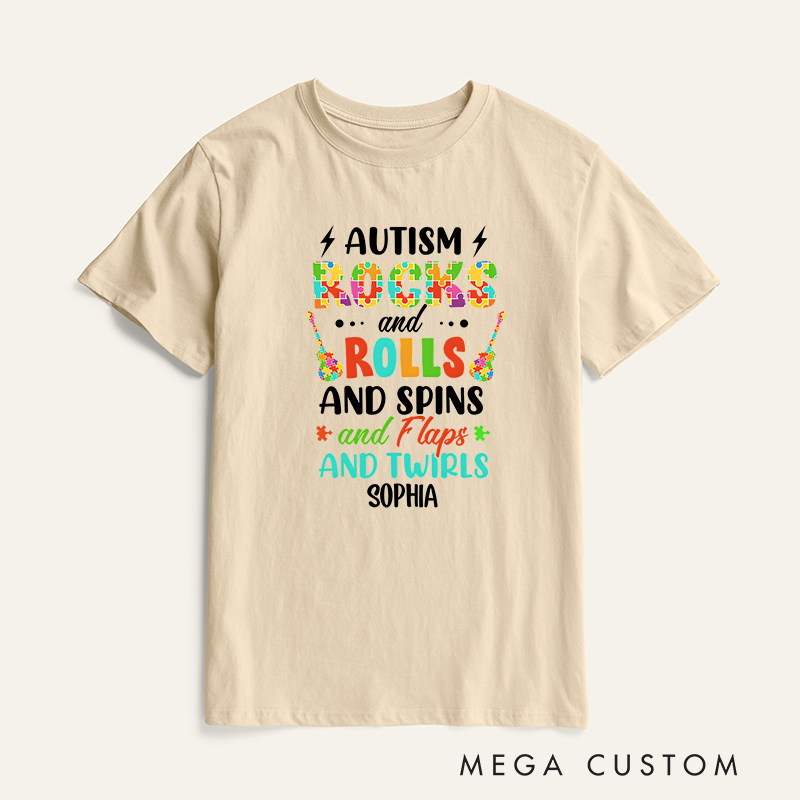 Personalized Autism Rocks and Rolls Spins Flaps and Twirls Shirt Funny Autism Awareness Month Gift