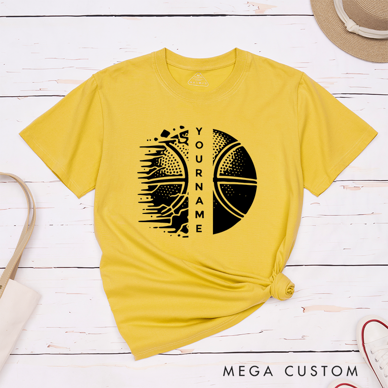 Personalized Basketball T-Shirt Design Featuring Custom Name Split Basketball Graphic with Dynamic Halftone and Shattered Effects