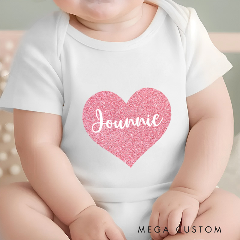 Personalized Pink Glitter Heart Baby Name Gifts for Newborn Pregnancy Announcement Natural Baby Onesie
