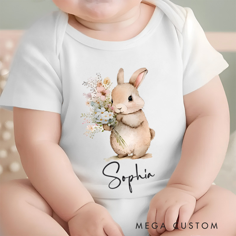 Personalized Easter Cute Bunny With Flower Baby Name Baby Onesie Gift for Newborn Easter Gifts 