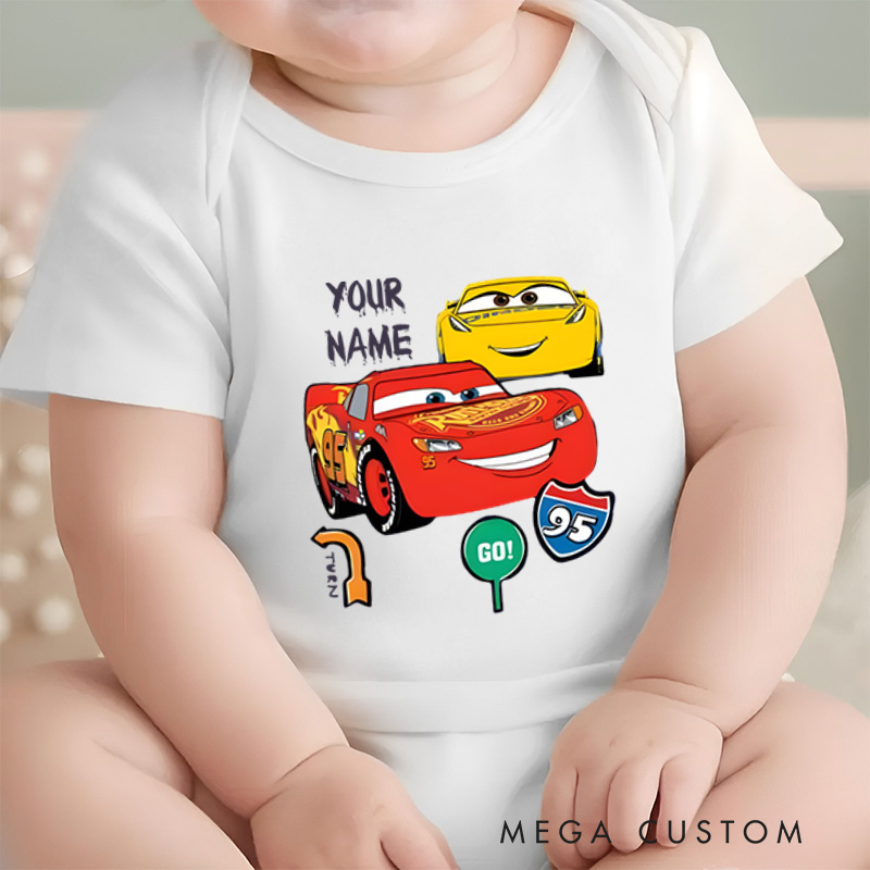 Personalized Cars Themed Design with Lightning McQueen and Cruz Ramirez Baby Onesie