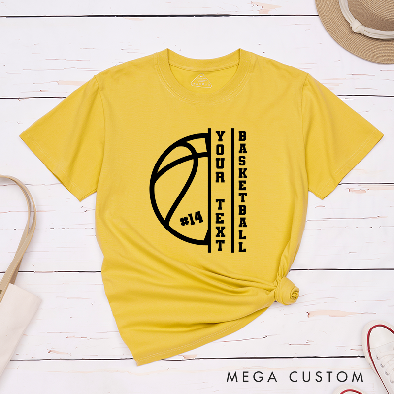 Personalized Basketball T-Shirt Design Featuring Custom Text Player Number and Bold Vertical Layout with Basketball Graphic