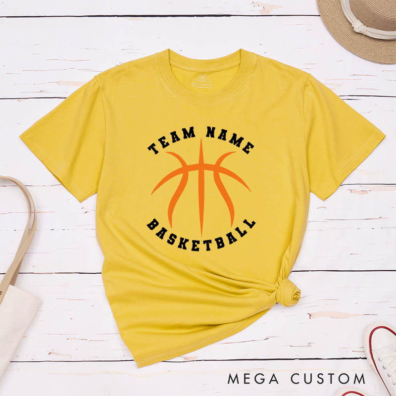 Personalized Basketball Team T-Shirt Design Featuring Custom Team Name Bold Orange Basketball Graphic and Arched Text Layout