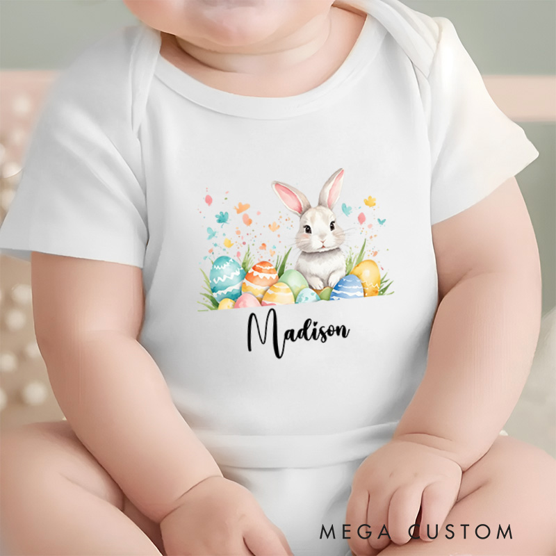 Personalized Baby Onesie Easter Bunny with Colorful Eggs Baby Onesie