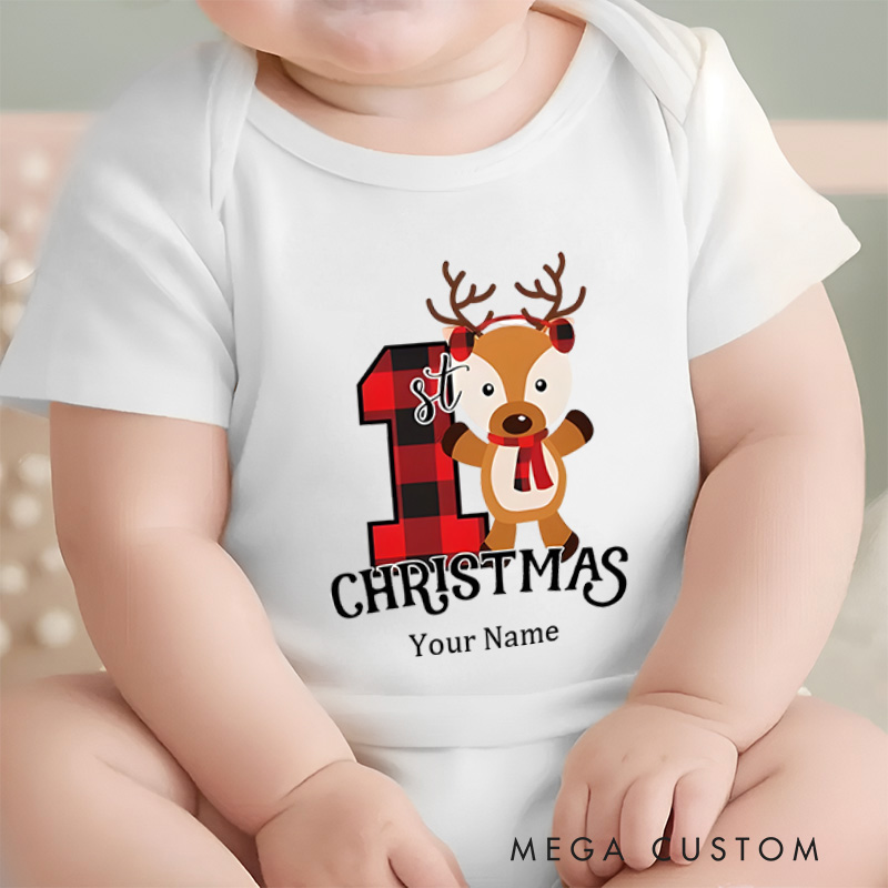 Personalized Baby's 1st Christmas Adorable Reindeer and Plaid Baby Onesie