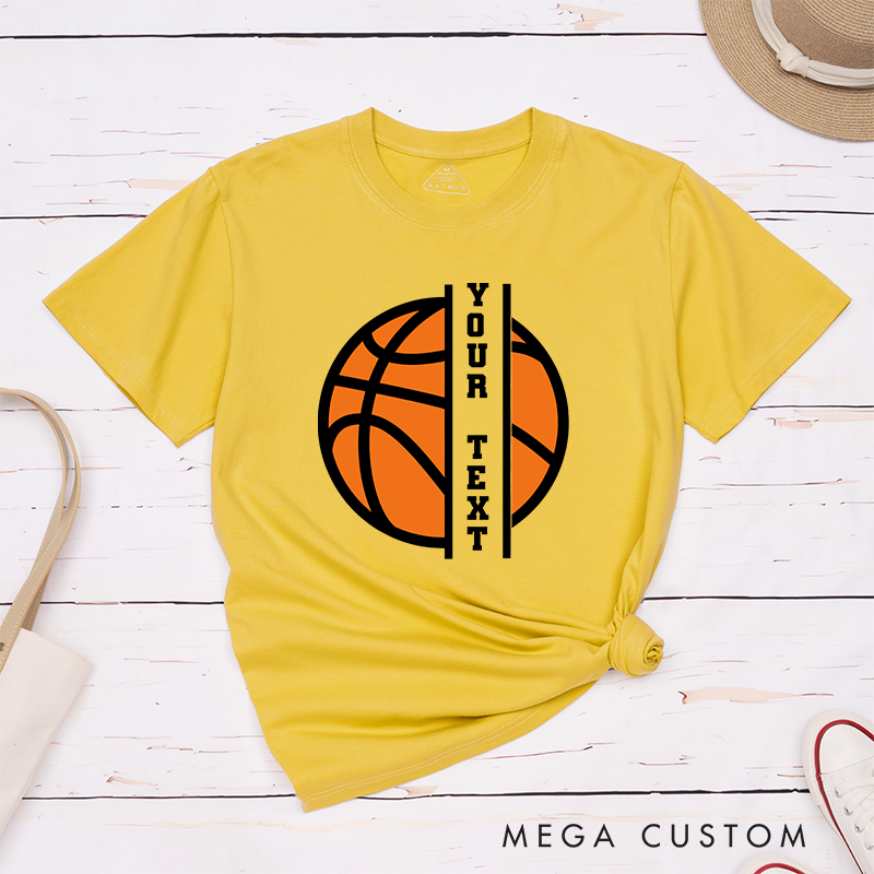 Personalized Basketball T-Shirt Design Featuring Custom Vertical Text Centered Over a Bold Orange Basketball Graphic