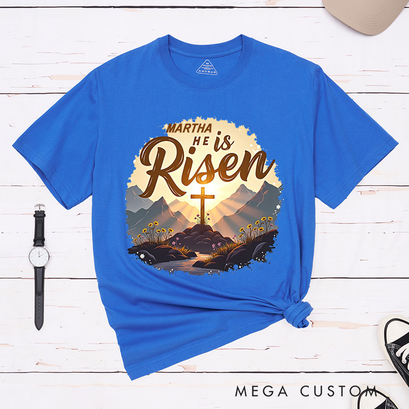 Personalized He is Risen Glory Classic T-Shirt with Name Radiant Resurrection Cross in Mountain Christian Cotton T-Shirt Christian Gift Easter Gift 