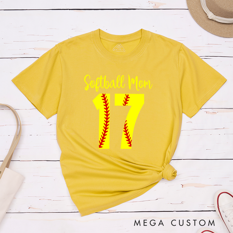 Personalized Softball Mom T-Shirt Design Featuring Customizable Player Number with Red Stitch Softball Pattern and Stylish Yellow Script Text