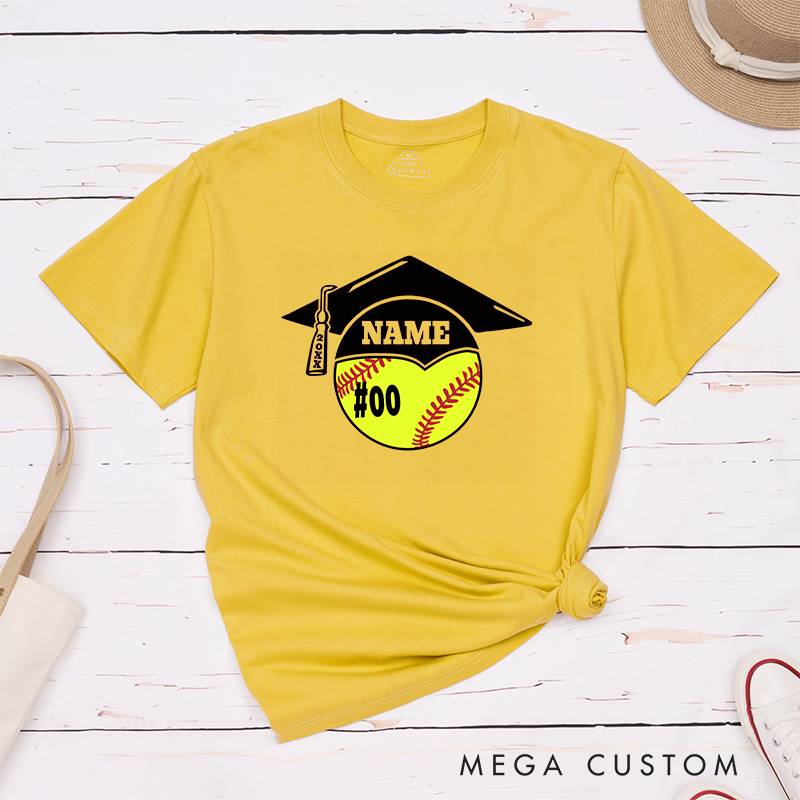 Personalized Graduation Softball T-Shirt Design Featuring Custom Name Player Number Graduation Cap and Bat Graphic